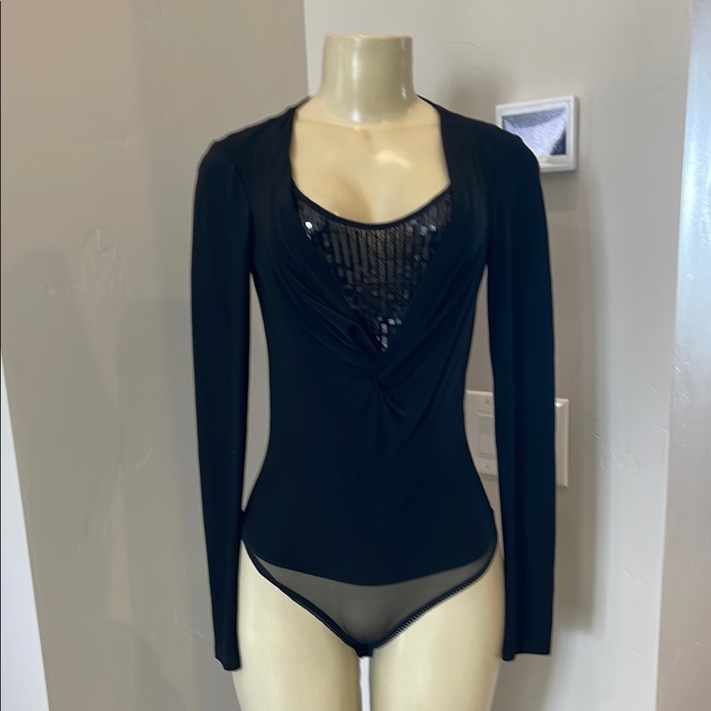Cashe’ Elegant Black Sequin Bodysuit size small